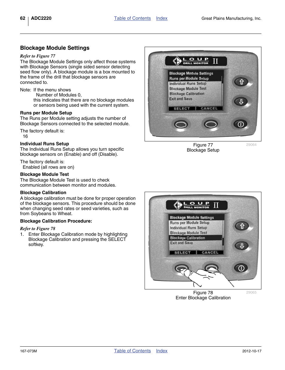 Blockage module settings, Runs per module setup, Individual runs setup | Blockage module test, Blockage calibration, Blockage calibration procedure | Great Plains ADC2220 Operator Manual User Manual | Page 66 / 136