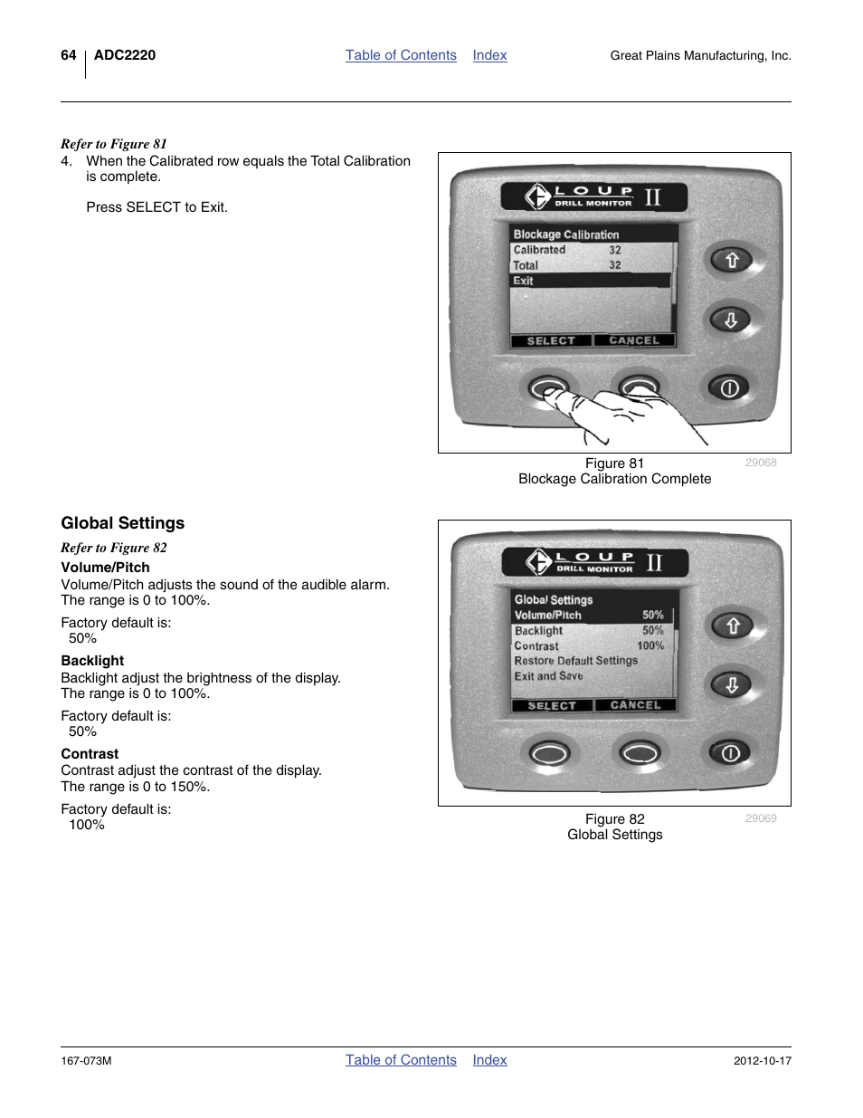 Global settings, Volume/pitch, Backlight | Contrast, Volume/pitch backlight contrast | Great Plains ADC2220 Operator Manual User Manual | Page 68 / 136