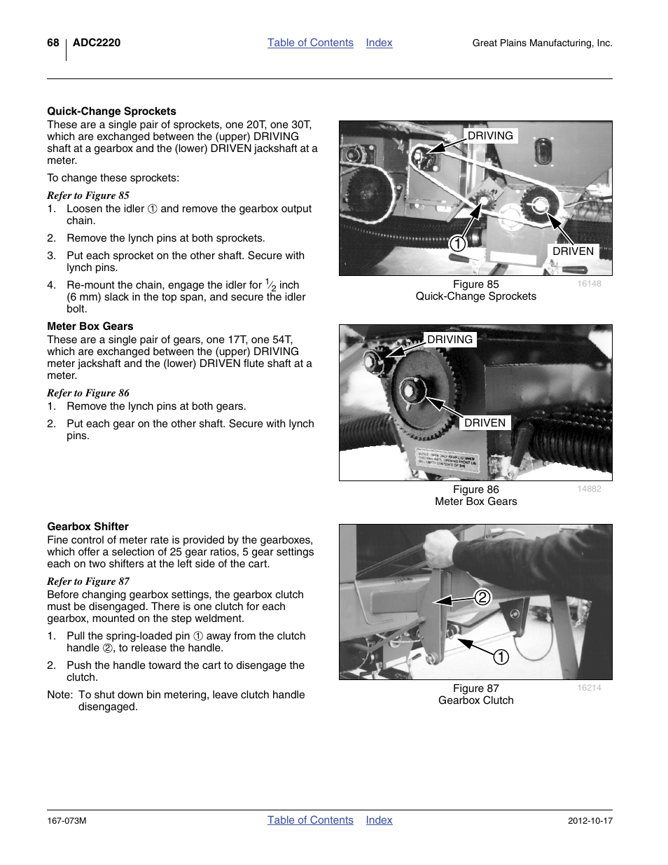 Quick-change sprockets, Meter box gears, Gearbox shifter | Great Plains ADC2220 Operator Manual User Manual | Page 72 / 136
