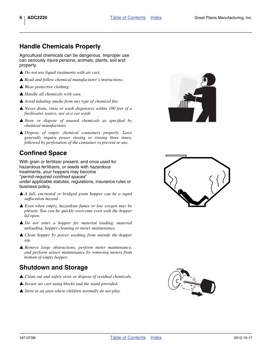 Handle chemicals properly, Confined space, Shutdown and storage | Great Plains ADC2220 Operator Manual User Manual | Page 8 / 136