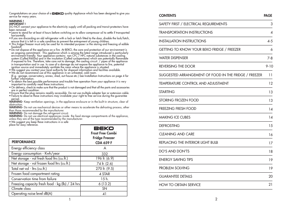Beko CDA 659 F User Manual | Page 2 / 12