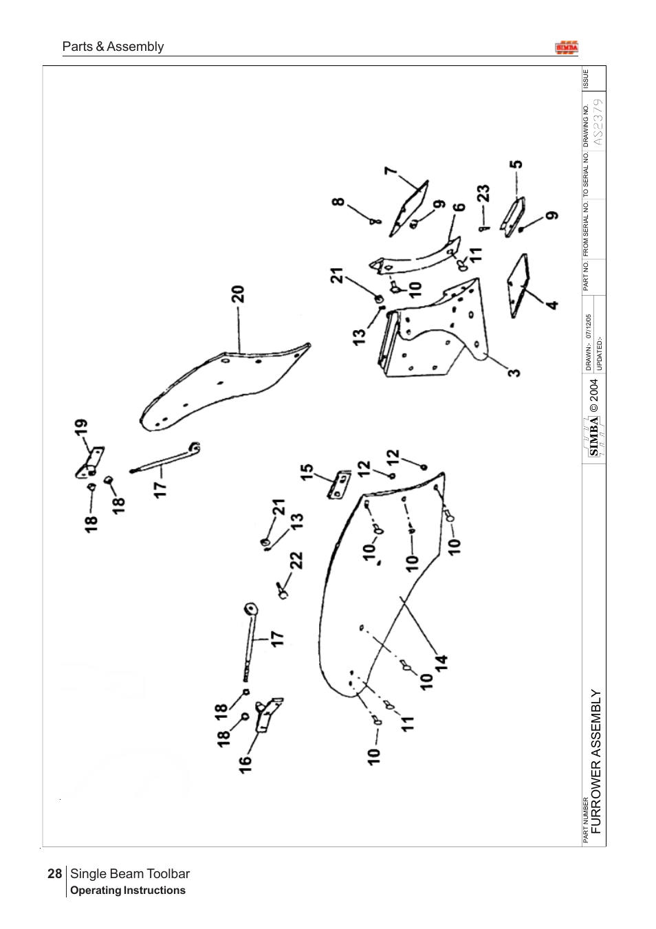Single beam toolbar, 28 parts & assembly, Fu r r ow er a sse mb ly | Operating instructions, Si mb a © 2004 | Great Plains Single Beam Toolbar Assembly Instructions User Manual | Page 12 / 16