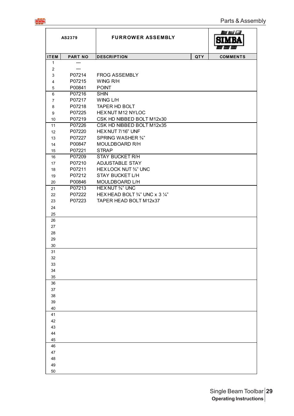 29 single beam toolbar, Parts & assembly | Great Plains Single Beam Toolbar Assembly Instructions User Manual | Page 13 / 16