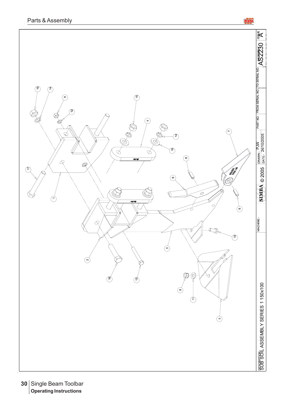 Aas22 30, Single beam toolbar, 30 parts & assembly | Great Plains Single Beam Toolbar Assembly Instructions User Manual | Page 14 / 16