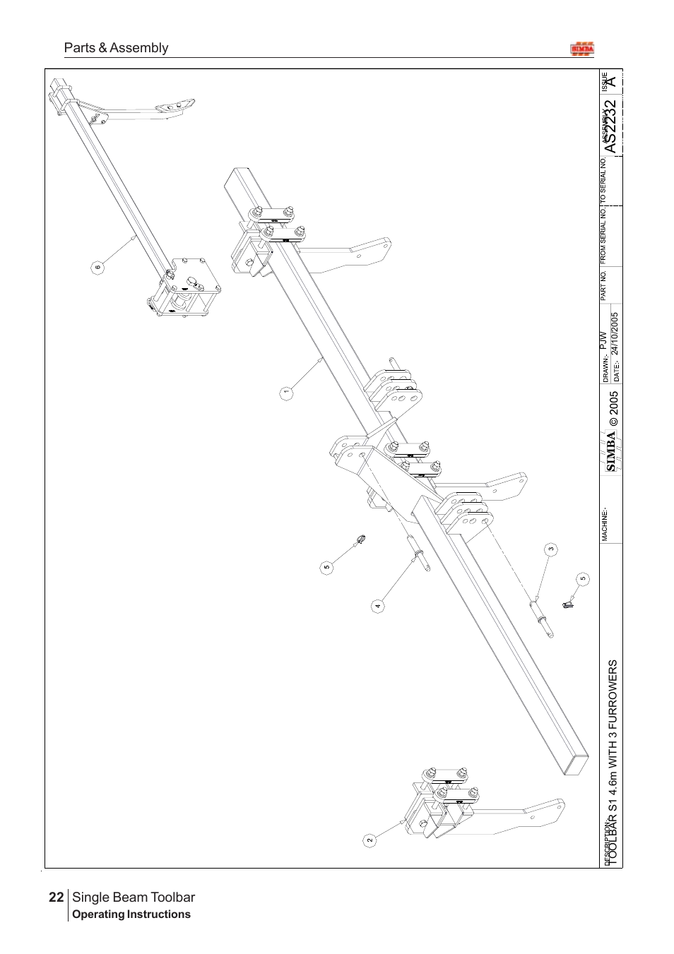 Aas22 32, Single beam toolbar, 22 parts & assembly | Great Plains Single Beam Toolbar Assembly Instructions User Manual | Page 6 / 16