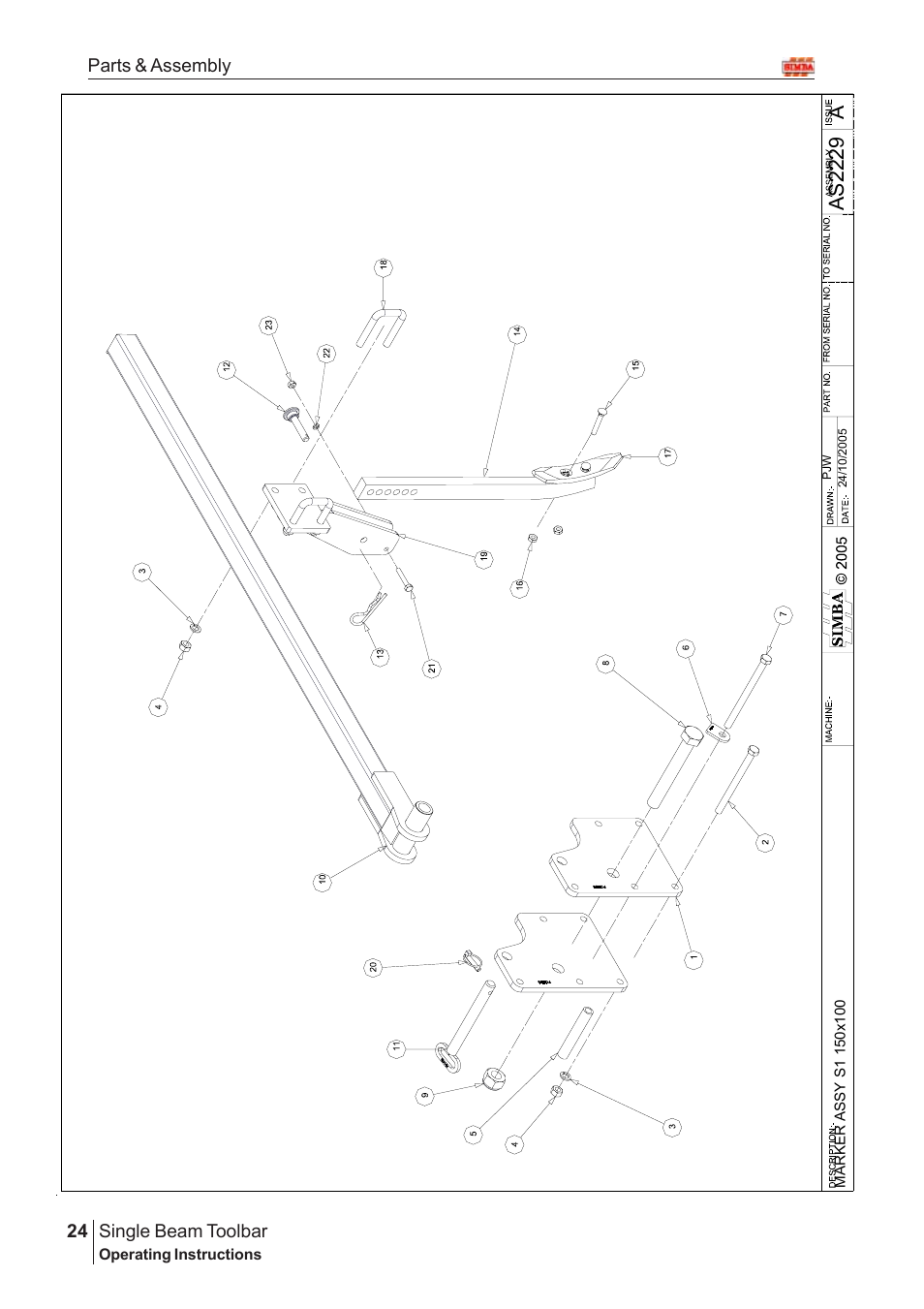 Aas22 29, Single beam toolbar, 24 parts & assembly | Great Plains Single Beam Toolbar Assembly Instructions User Manual | Page 8 / 16