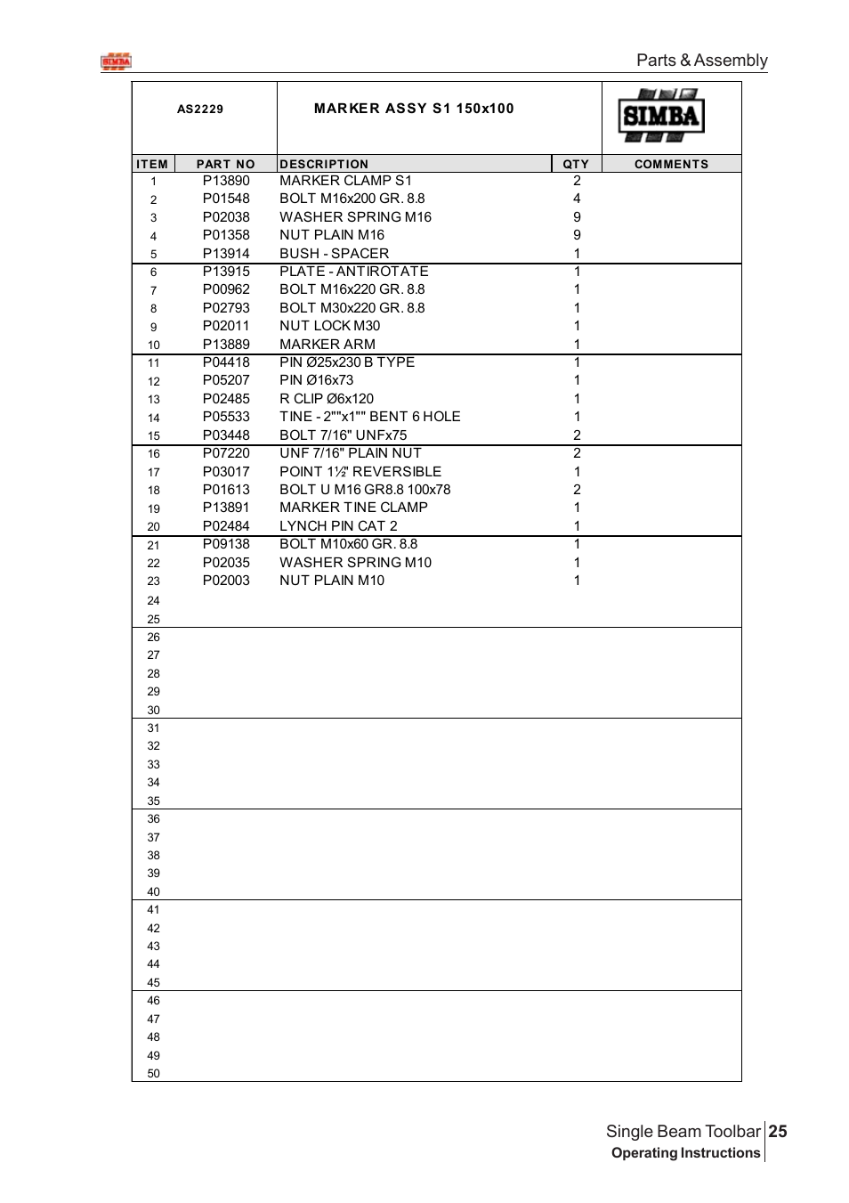 25 single beam toolbar, Parts & assembly | Great Plains Single Beam Toolbar Assembly Instructions User Manual | Page 9 / 16