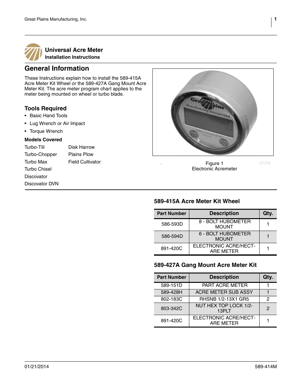 Great Plains Universal Acre Meter User Manual | 12 pages