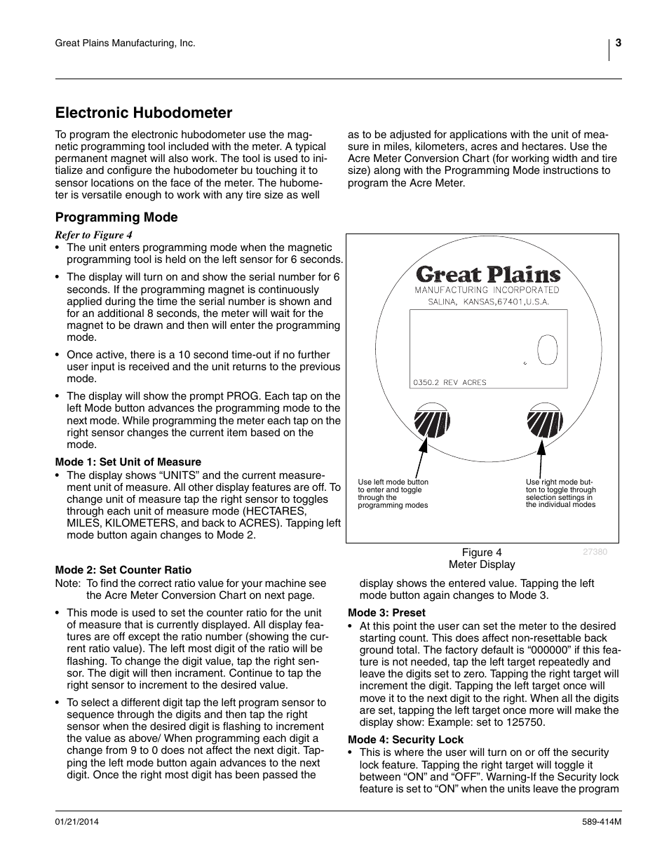 Electronic hubodometer, Programming mode, Mode 1: set unit of measure | Mode 2: set counter ratio, Mode 3: preset, Mode 4: security lock | Great Plains Universal Acre Meter User Manual | Page 3 / 12