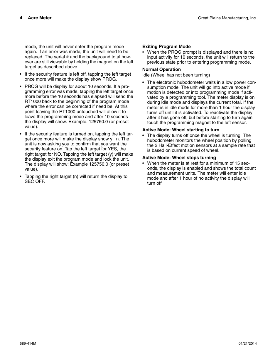 Exiting program mode, Normal operation, Active mode: wheel starting to turn | Active mode: wheel stops turning | Great Plains Universal Acre Meter User Manual | Page 4 / 12