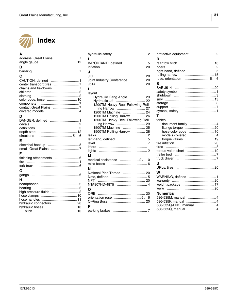 Index | Great Plains 1500TM Predelivery Manual User Manual | Page 35 / 38