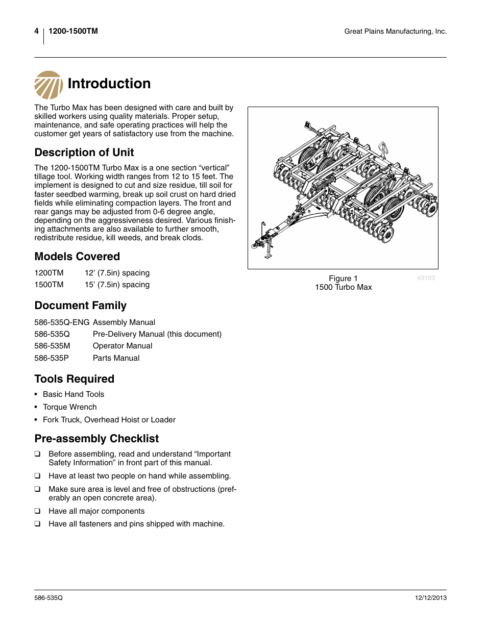 Introduction, Description of unit, Models covered | Document family, Tools required, Pre-assembly checklist, Models covered document family tools required | Great Plains 1500TM Predelivery Manual User Manual | Page 8 / 38