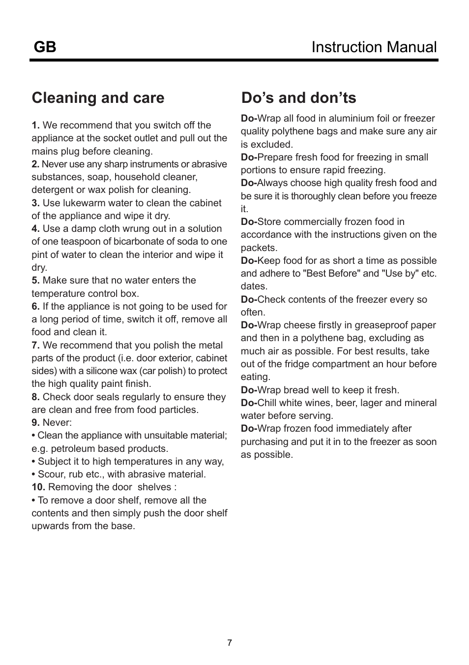 Instruction manual gb, Do’s and don’ts cleaning and care | Beko D-9330 NM User Manual | Page 11 / 12