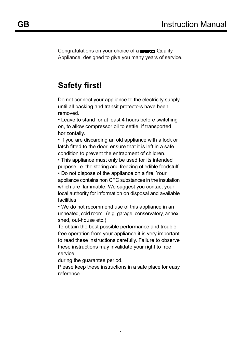 Instruction manual gb, Safety first | Beko D-9330 NM User Manual | Page 5 / 12