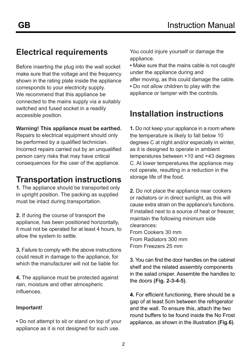 Instruction manual gb, Electrical requirements, Transportation instructions | Installation instructions | Beko D-9330 NM User Manual | Page 6 / 12