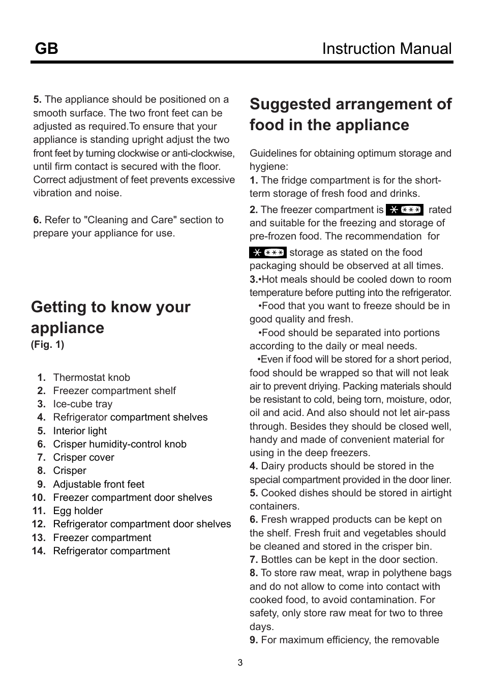 Instruction manual gb, Suggested arrangement of food in the appliance, Getting to know your appliance | Beko D-9330 NM User Manual | Page 7 / 12