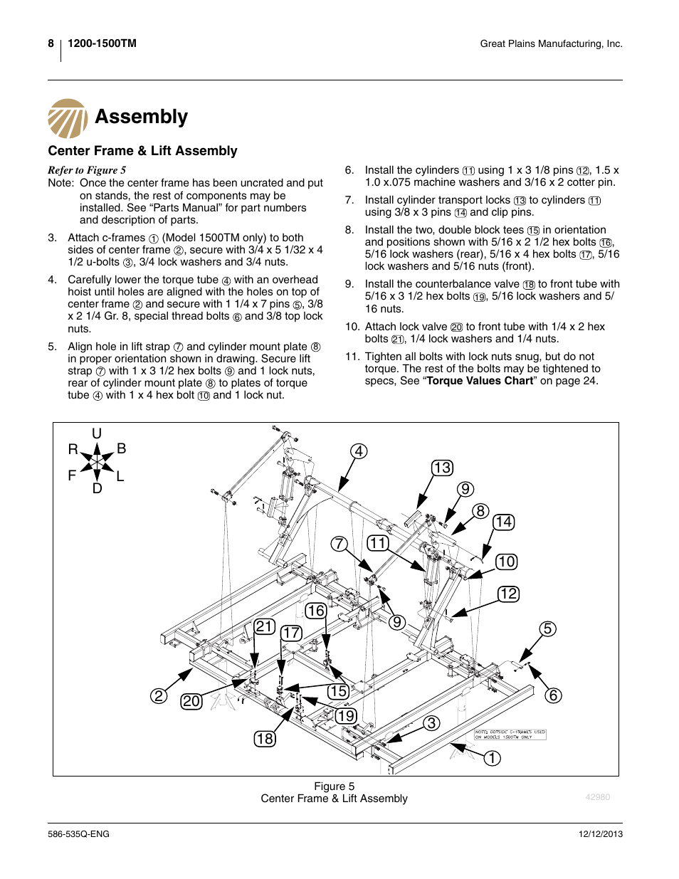Assembly, Center frame & lift assembly | Great Plains 1500TM Assembly Manual User Manual | Page 12 / 42