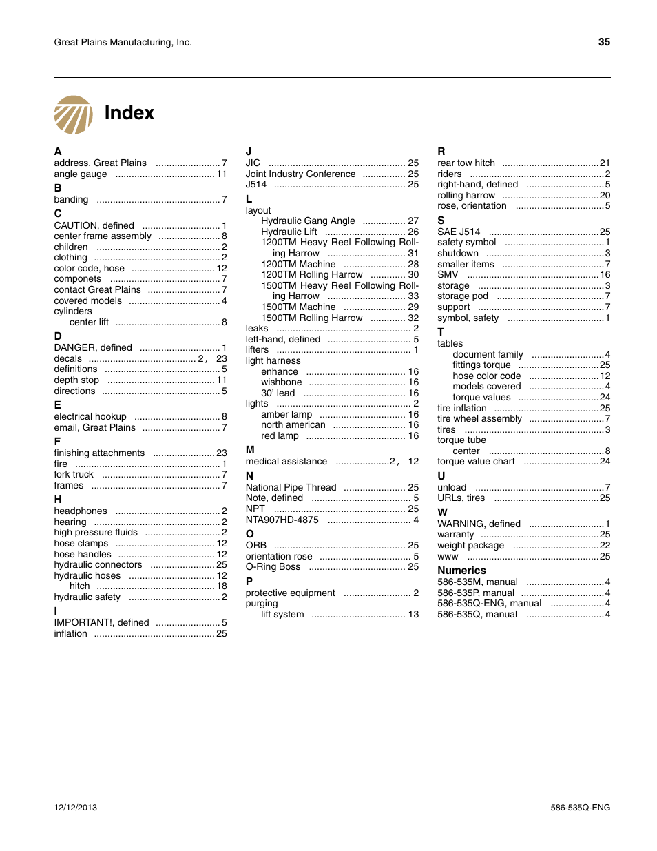 Index | Great Plains 1500TM Assembly Manual User Manual | Page 39 / 42