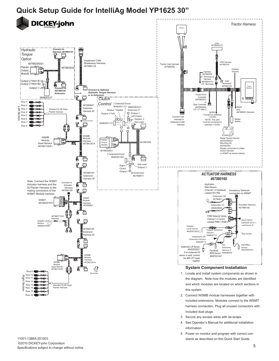 System component installation, Clutch control, Tractor harness | Hydraulic tongue option | Great Plains YP1625-1630 16 Row 30 Inch Quick Start User Manual | Page 5 / 5