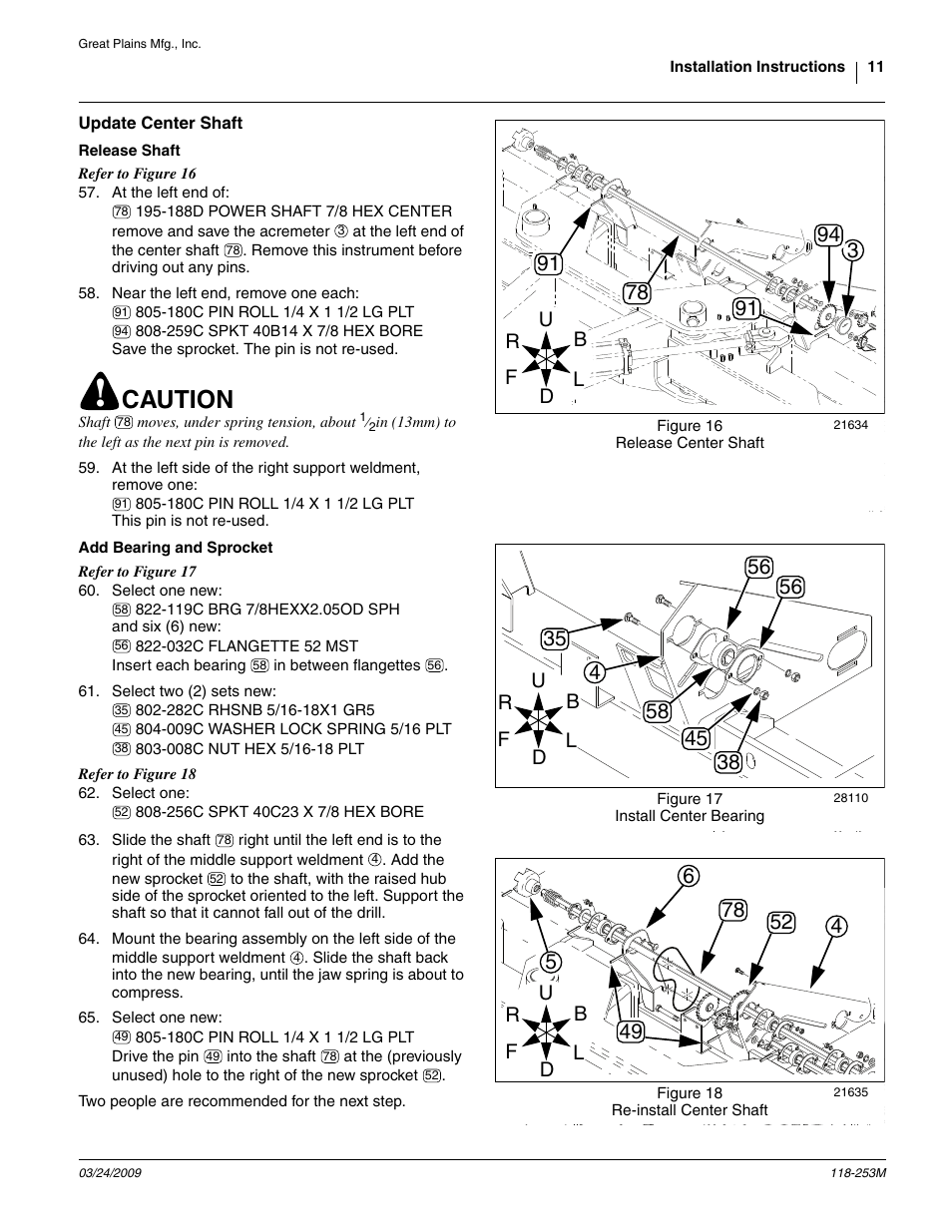 Update center shaft, Release shaft, Add bearing and sprocket | Caution | Great Plains 3S-3000HD Assembly Instructions User Manual | Page 11 / 22