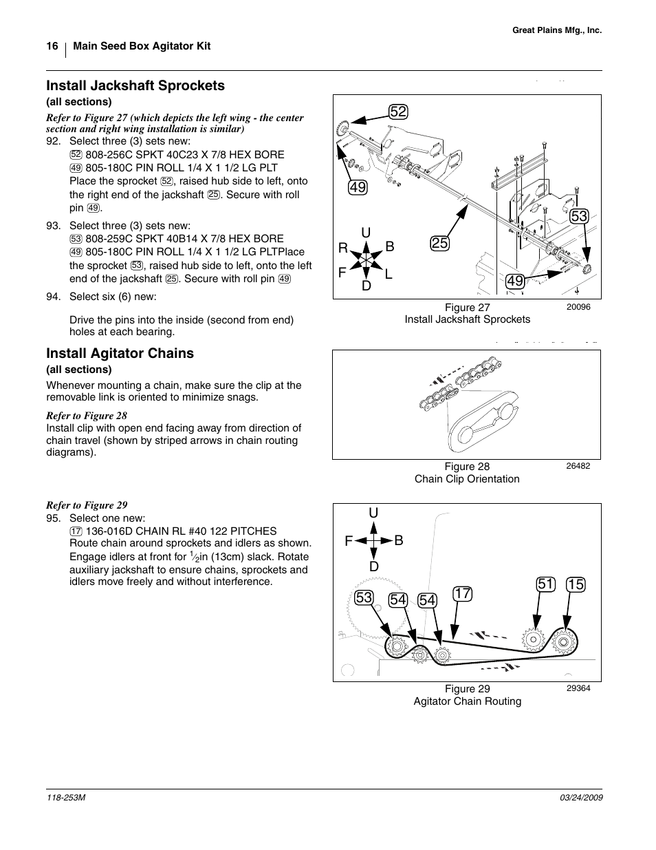 Install jackshaft sprockets, All sections), Install agitator chains | Ud f b | Great Plains 3S-3000HD Assembly Instructions User Manual | Page 16 / 22