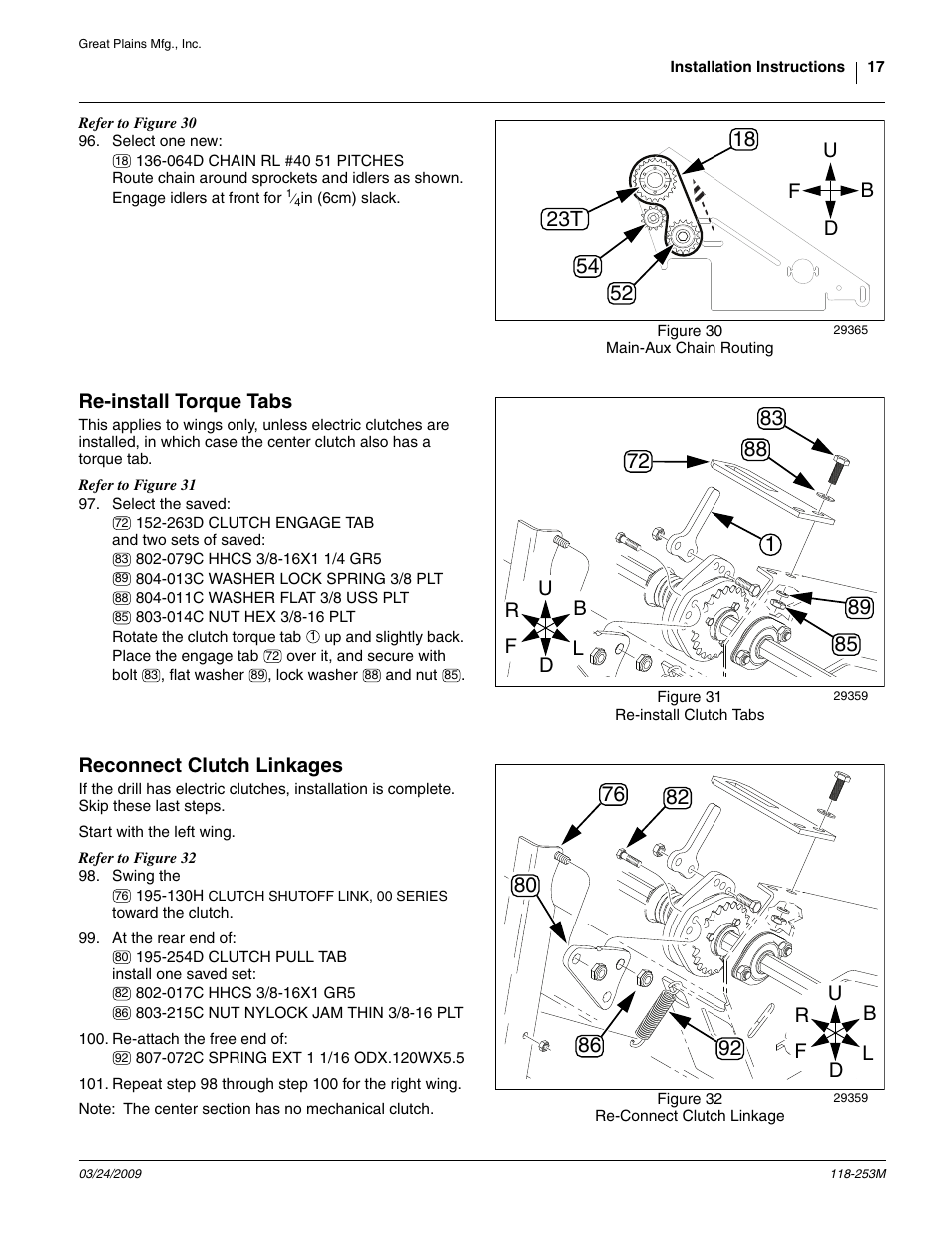 Re-install torque tabs, Reconnect clutch linkages, Ud f b | Great Plains 3S-3000HD Assembly Instructions User Manual | Page 17 / 22