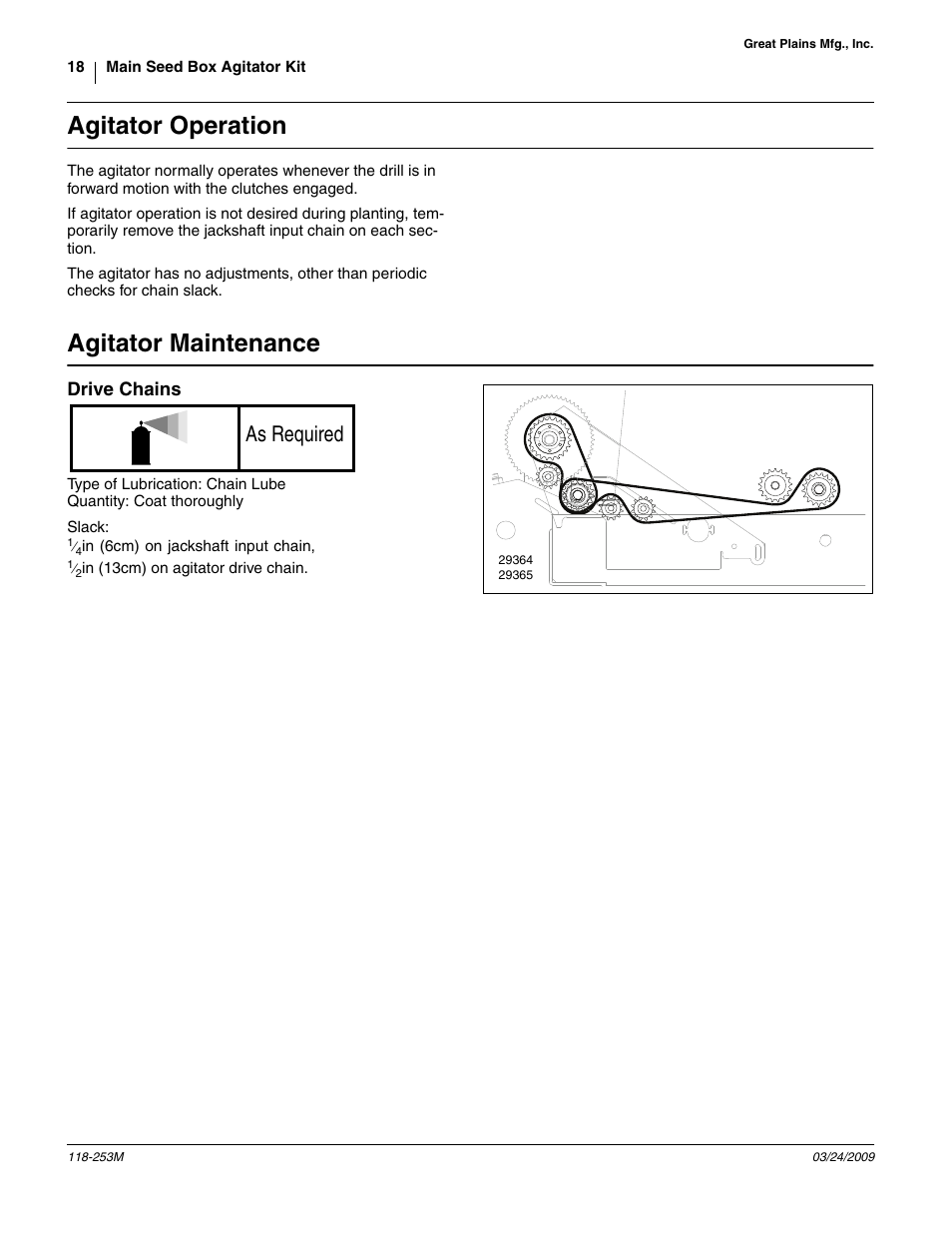 Agitator operation, Agitator maintenance, As required | Great Plains 3S-3000HD Assembly Instructions User Manual | Page 18 / 22