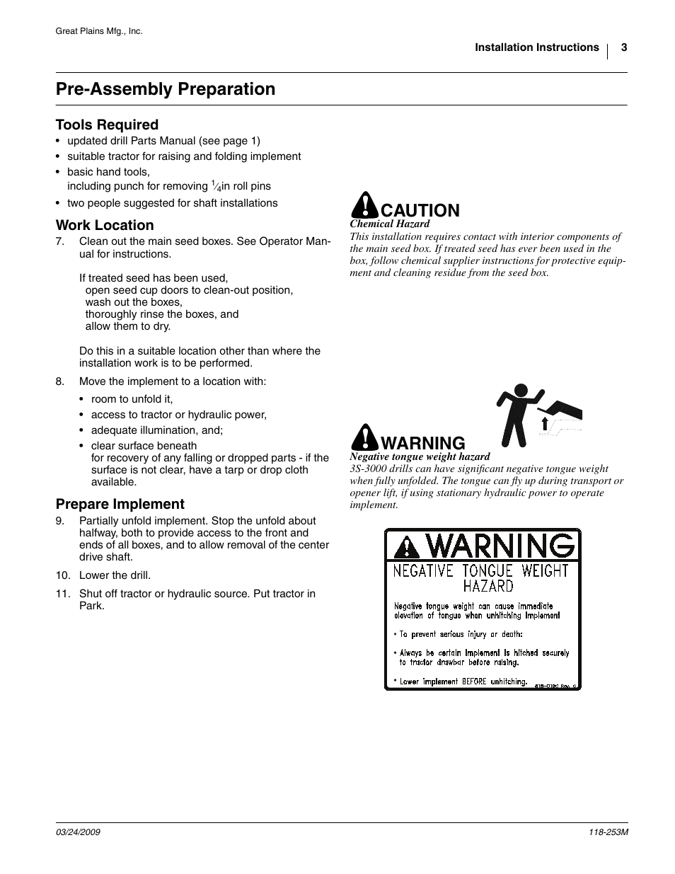 Pre-assembly preparation, Tools required, Work location | Prepare implement, Caution, Warning | Great Plains 3S-3000HD Assembly Instructions User Manual | Page 3 / 22