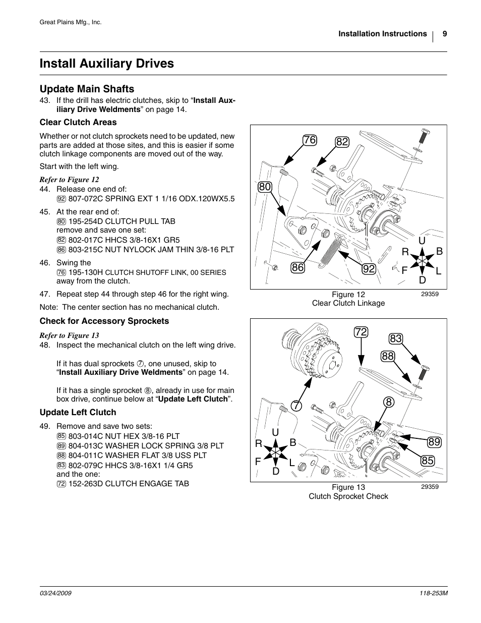 Install auxiliary drives, Update main shafts, Clear clutch areas | Check for accessory sprockets, Update left clutch | Great Plains 3S-3000HD Assembly Instructions User Manual | Page 9 / 22