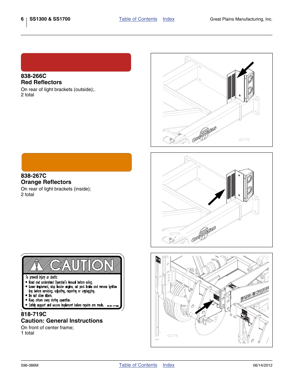 266c red reflectors, 267c orange reflectors, 719c caution: general instructions | Great Plains SS1700 Operator Manual User Manual | Page 10 / 60
