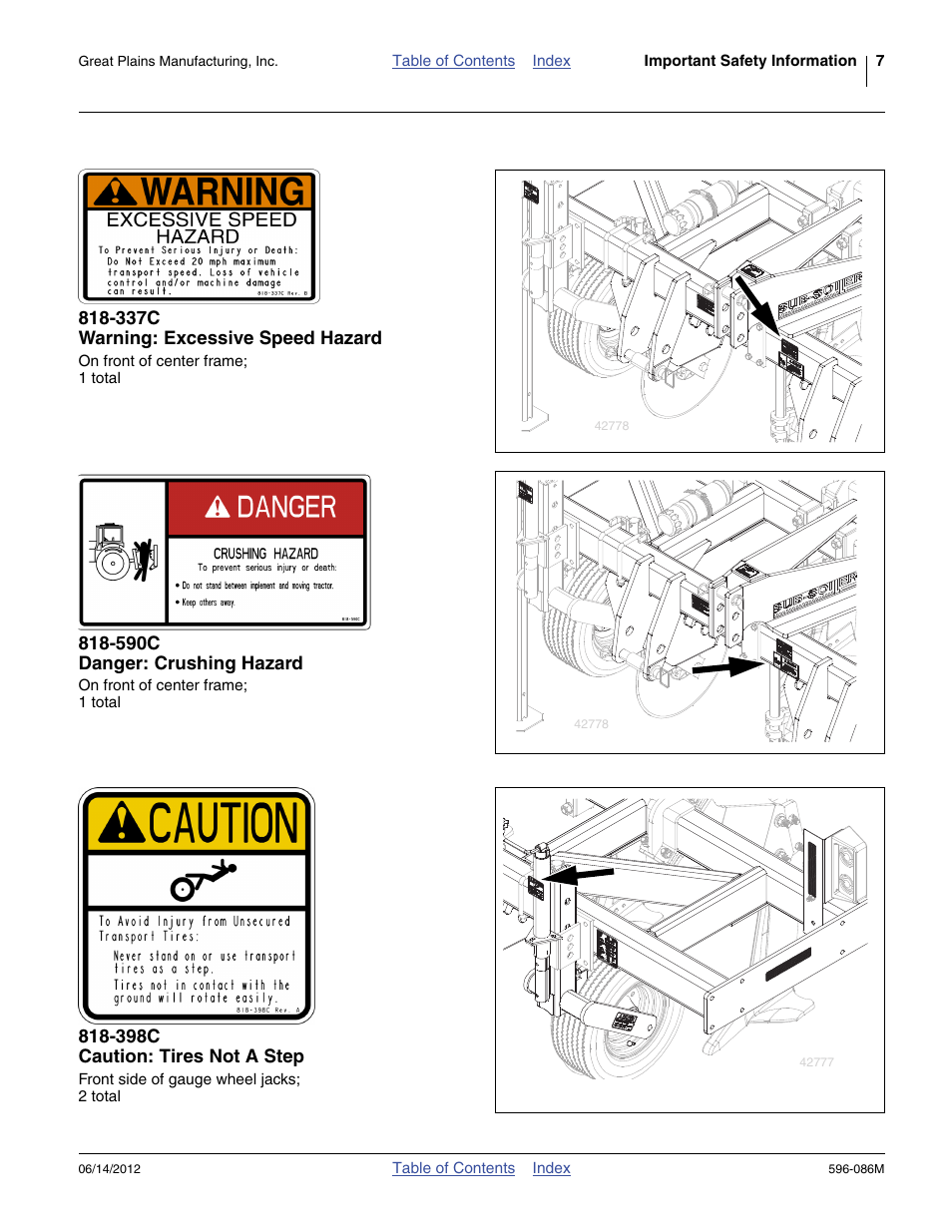 337c warning: excessive speed hazard, 590c danger: crushing hazard, 398c caution: tires not a step | Great Plains SS1700 Operator Manual User Manual | Page 11 / 60