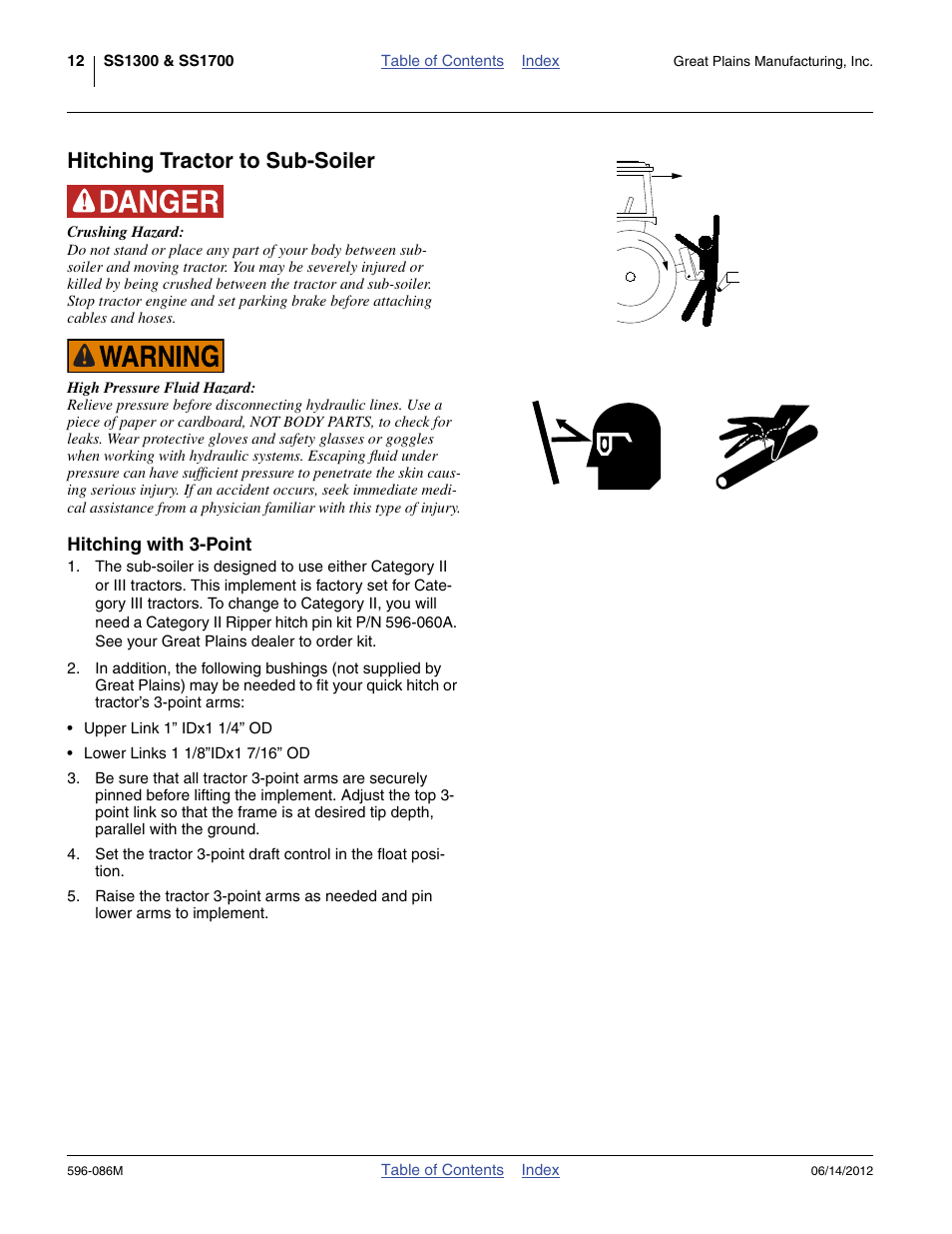 Hitching tractor to sub-soiler, Hitching with 3-point | Great Plains SS1700 Operator Manual User Manual | Page 16 / 60