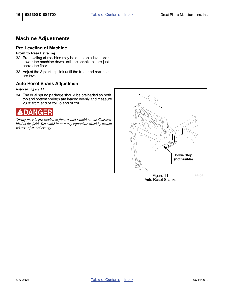 Machine adjustments, Pre-leveling of machine, Front to rear leveling | Auto reset shank adjustment | Great Plains SS1700 Operator Manual User Manual | Page 20 / 60