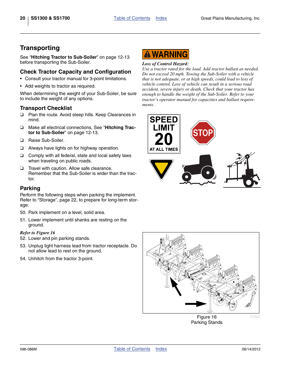 Transporting, Check tractor capacity and configuration, Transport checklist | Parking | Great Plains SS1700 Operator Manual User Manual | Page 24 / 60