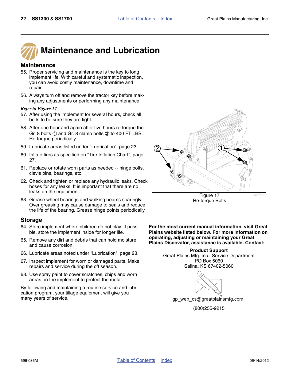 Maintenance and lubrication, Maintenance, Storage | Maintenance storage | Great Plains SS1700 Operator Manual User Manual | Page 26 / 60