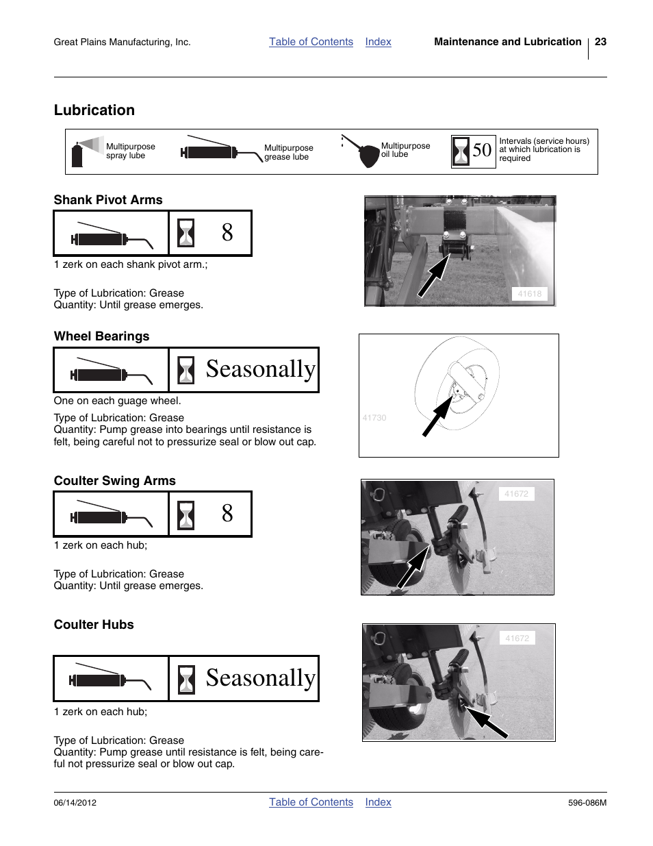 Lubrication, Shank pivot arms, Wheel bearings | Coulter swing arms, Coulter hubs, Icate sub-soiler as indicated under “ lubrica, Seasonally 8 seasonally | Great Plains SS1700 Operator Manual User Manual | Page 27 / 60