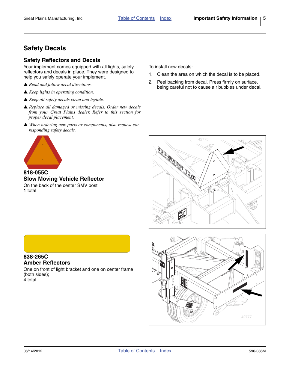 Safety decals, Safety reflectors and decals, 055c slow moving vehicle reflector | 265c amber reflectors | Great Plains SS1700 Operator Manual User Manual | Page 9 / 60
