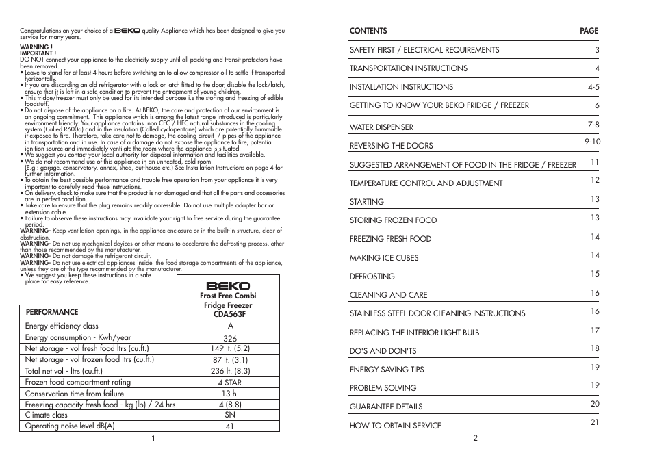 Beko FROST FREE COMBI CDA 563 F User Manual | Page 2 / 12