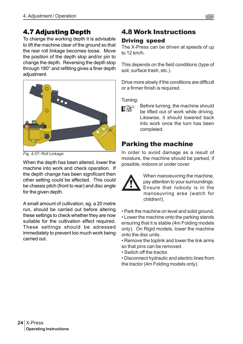 8 work instructions, Parking the machine, 7 adjusting depth | Great Plains P15443 Serial No 12759 User Manual | Page 24 / 34