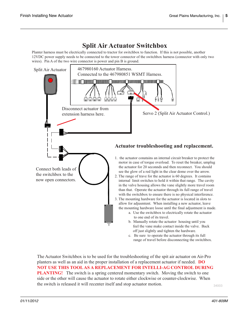 Split air actuator switchbox, Actuator troubleshooting and replacement | Great Plains Air-Pro Planters Actuator Field Kit User Manual | Page 5 / 6