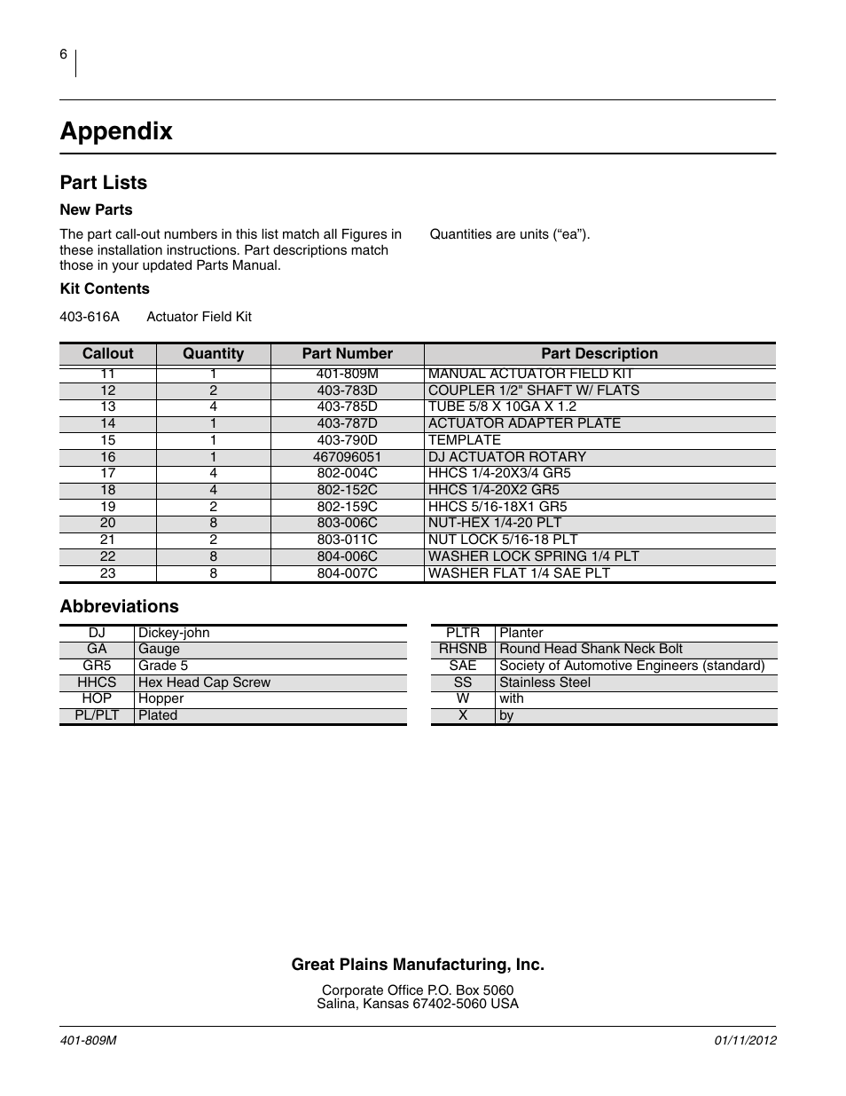 Appendix, Ange 11 to 23 ref, Will not fit correctly without | Supplied with the kit o, 787d actuator adapter plate, And n, 467096051 dj actuator rotary, 007c washer flat 1/4 sae plt, To air bo, And flat w | Great Plains Air-Pro Planters Actuator Field Kit User Manual | Page 6 / 6