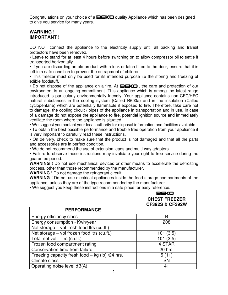 Beko CF392W User Manual | 11 pages