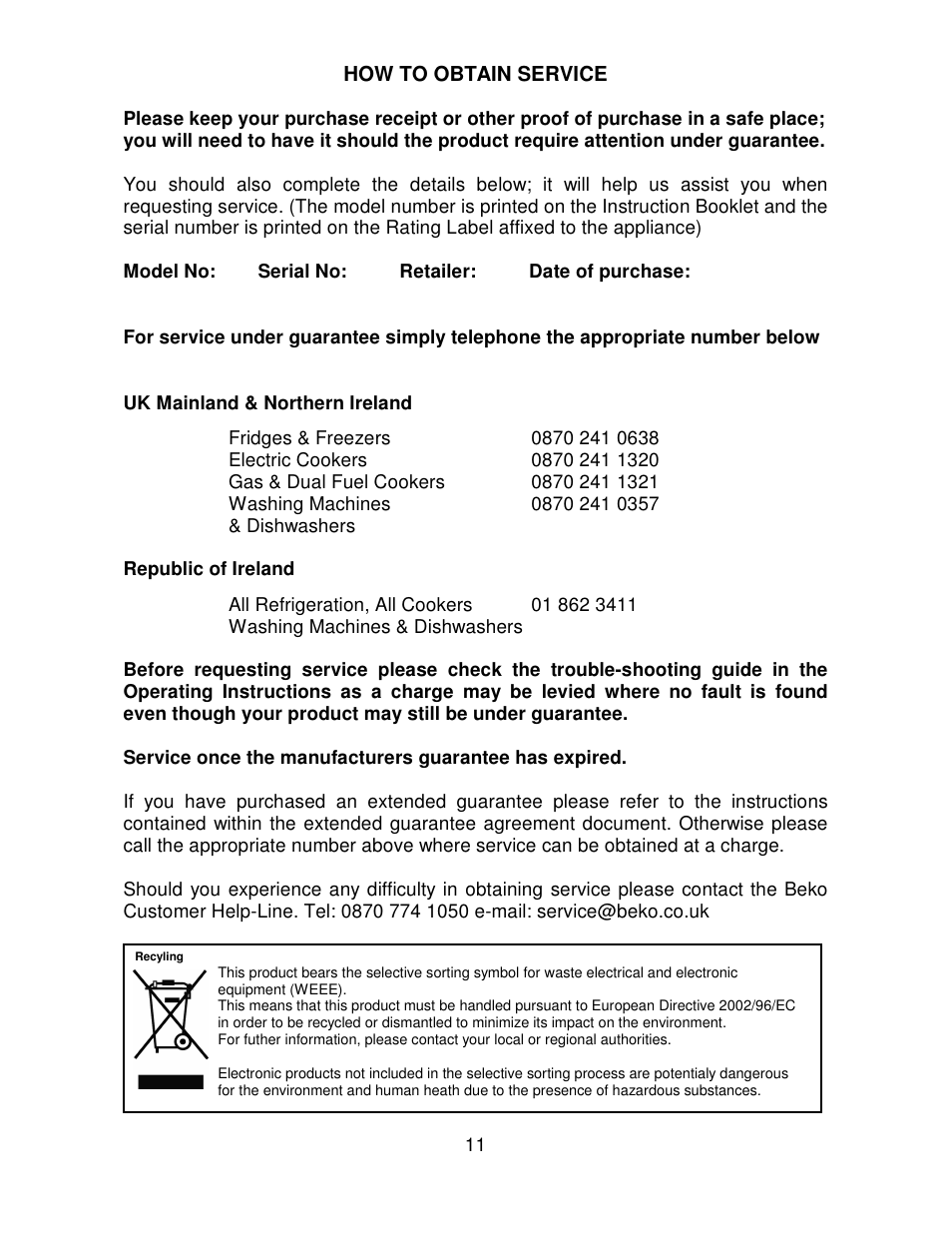 Beko CF392W User Manual | Page 11 / 11