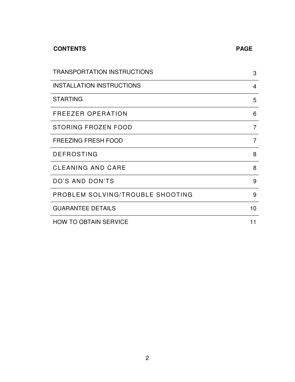 Contents page, Transportation instructions, Installation instructions | Starting, Freezer operation, Storing frozen food, Freezing fresh food, Defr osting, Cl eaning and c are, Do’s and d on’ts | Beko CF392W User Manual | Page 2 / 11