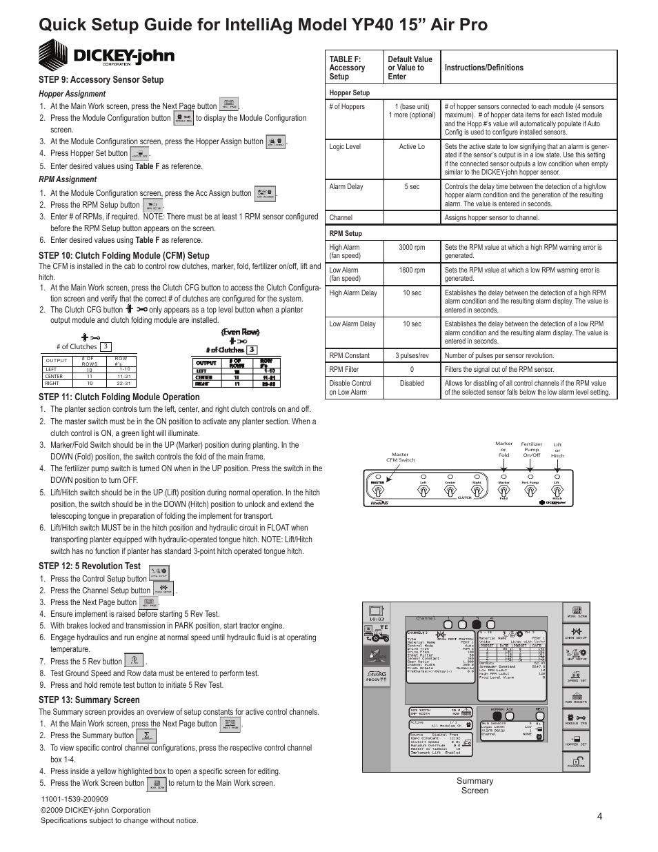 Step 12: 5 revolution test, 4step 13: summary screen, Step 11: clutch folding module operation | Step 9: accessory sensor setup, Step 10: clutch folding module (cfm) setup | Great Plains YP4025A-3115 31-Row 15-Inch Quick Start User Manual | Page 4 / 5