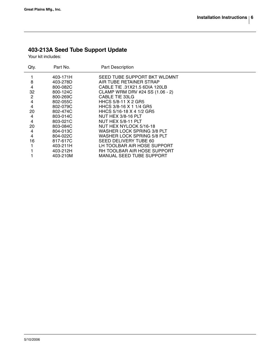 213a seed tube support update | Great Plains Yield-Pro Planter Seed Tube User Manual | Page 6 / 6