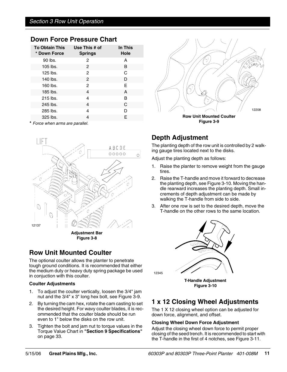 Row unit mounted coulter, Depth adjustment, 1 x 12 closing wheel adjustments | Down force pressure chart | Great Plains 8030P G1021 Operator Manual User Manual | Page 13 / 38