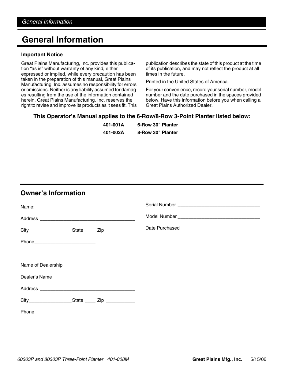 General information, Owner’s information | Great Plains 8030P G1021 Operator Manual User Manual | Page 2 / 38