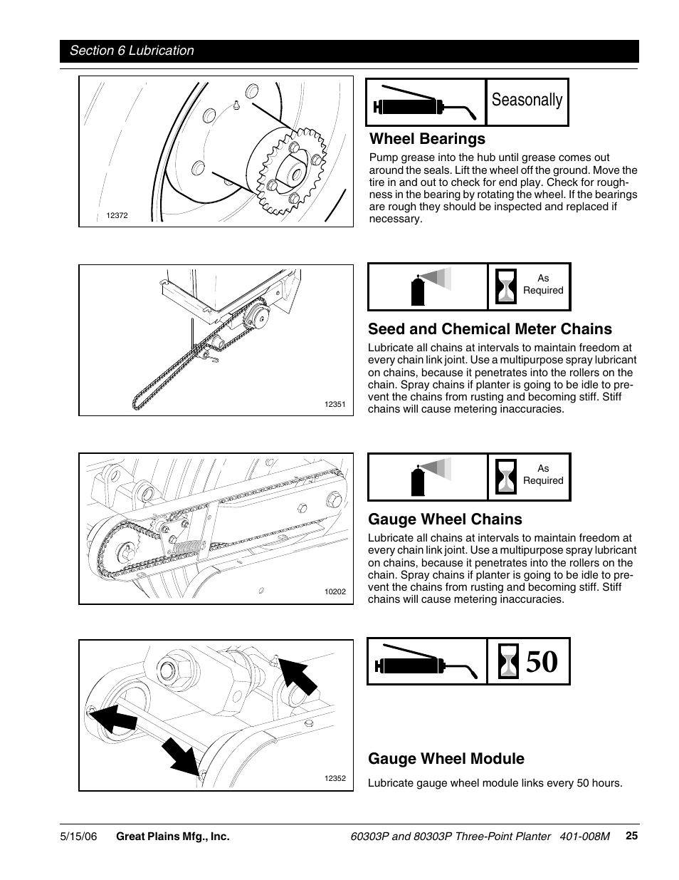 Seasonally, Wheel bearings, Seed and chemical meter chains | Gauge wheel module, Gauge wheel chains | Great Plains 8030P G1021 Operator Manual User Manual | Page 27 / 38