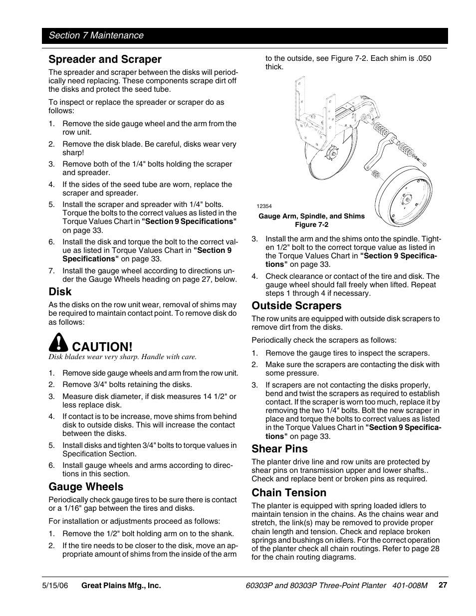 Caution, Spreader and scraper, Disk | Gauge wheels, Outside scrapers, Shear pins, Chain tension | Great Plains 8030P G1021 Operator Manual User Manual | Page 29 / 38